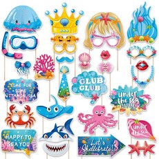 海底世界主題派對眼鏡：兒童生日海洋派對裝扮，趣味拍照道具，多款海洋生物造型，環保安全材質, 海底世界拍照道具,30pcs/套（30張卡片+30根竹籤+, 1個