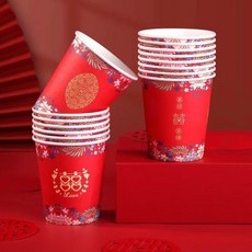 結婚一次性紙杯 加厚婚慶喜慶紅色杯子, 1個, 新款- 喜結良緣 ,10只 隨機/不指定