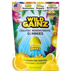 WILD GAINZ 크레아틴 모노하이드레이트 젤리 5g - 미국산 - 여성 및 남성용 운동 전 크레아틴 츄 비건 크레아틴 젤리 캔디 츄어블 영양 보충제 NSF 인증 (레몬, 1개, 150