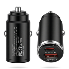 PD65W+100W Max 초고속 충전기 듀얼포트 시거잭 차량용 충전기 미니 메탈 고리 디자인 슈퍼차지 어댑터, 검정색, CC9
