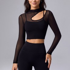 網紗瑜伽服春長袖快乾一體杯服上衣