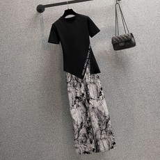 大碼女裝 闊腿褲套裝 遮肚短袖上衣