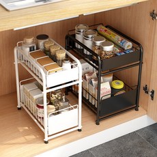 JiniTrading 다용도 주방 싱크대 2단 슬라이딩 슬림 선반 양념통 정리대 욕실 화장품 수납, 블랙, 1개