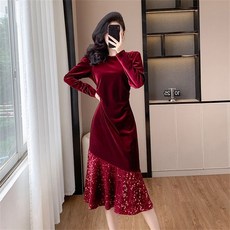 TKX 벨벳 원피스 여성 우아한 롱슬리브 반짝이 고급스러운 가을 겨울 롱원피스 KS97