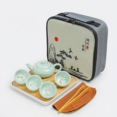 휴대용 다도 세트 여행용, 청색, 티포트-찻잔-매트-집게-타월-가방, 1개