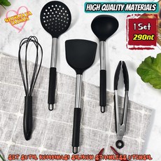 Sutil Sotel 矽膠鍋鏟木柄不沾鍋專用鏟 11件套裝, Kombinasi Hitam(5pc), 1個