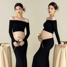 임산부 오프숄더 촬영 스튜디오 의상 크롭티 만삭사진 드레스 세트 블랙탑 스커트