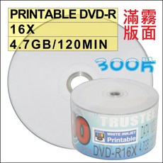 TRUSTEE 霧面滿版可印片 300片 台灣製造 A級 DVD-R 16X可印式空白光碟片, 1個