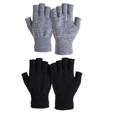 Rthjsfj 2쌍 니트 핑거리스 장갑 (여성용 남성용) 겨울용 따뜻한 반 손가락 장갑 (타이핑 글쓰기 운전 달리기용) (검정 회색 원 사이즈)