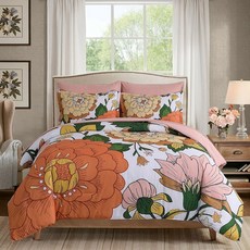 Djoymock 플로럴 이불 세트 핑크 오렌지 침구 세트 퀸 사이즈 7피스 보호 시크 플라워 베드 인 백 리버서블 마이크로파이버 겨울 다운 대체 침대 베개 커버 및 샴 시트