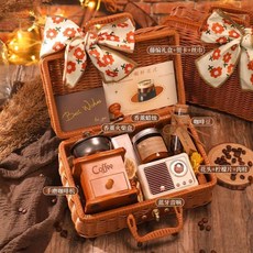 手磨手搖手壓咖啡機禮盒套裝，家用便攜式咖啡豆研磨機，臺灣出貨, 【藤編咖啡機禮盒】款式十二, 1個