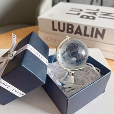 투명 크리스탈 지구본 소형 방꾸미기 인테리어 소품, 실버 라피아 선물 상자