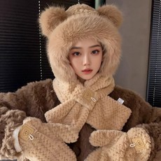 熱賣優選推薦抗寒-40度北海道防寒帽小熊帽子圍巾一體女秋冬季騎車防寒圍脖保暖護耳可愛毛絨手套口罩雪地旅行必備, 駝色【單熊熊帽+口罩+手套】,均碼, 1個