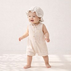 에뜨람 순면 아기 바디수트 모자 세트 스트라이프 보넷모자 민소매 우주복 실내복 신생아 백일 kc인증