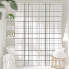 코팅블루 설치쉬운 무타공 방수 욕실 샤워커튼+커튼링세트, 1세트, 23.체크화이트