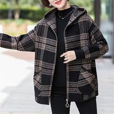 TKX 여성 중년용 체크무늬 후드 집업 자켓 가을 겨울 캐주얼 코튼 아우터 K51