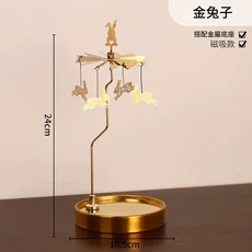 金色木馬旋轉燭臺 香薰蠟燭杯託 實木底座, 金色兔子不鏽鋼底座