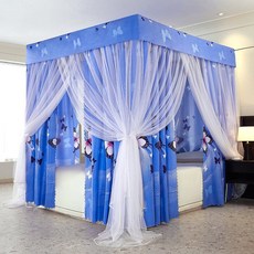 침대가림막 사각 캐노피 가림막 침대 커튼 침실 공주 커텐 모기장 가리개, 블루나비