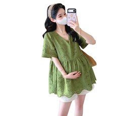 임산부 반팔 셔츠 캐주얼 루즈핏 레이스 브이넥 반팔 블라우스 여름 임부복 반팔 상의 JS