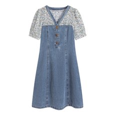 Yellwel 여름 신상품 여성용 소매가 짧은 반팔 투피스 디자인 소매가 결합된 원피스 청바지 소재 휴양지 스타일 DJP