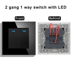 novski 크리스탈 강화 유리 패널 1구 1방향 2방향 2구 LED 표시기 16A 250V가 있는 벽 스위치, 01 EU, 01 110  240 V, 08 black 2 gang 1way