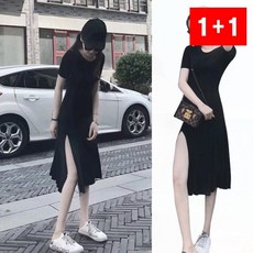 원피스 반소매 여성 블랙 미디 스판 슬림 여름 데일리 코디