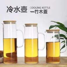 家用待客涼水壺竹蓋直身壺高硼硅花茶壺果汁冷飲壺耐高溫泡茶壺, 1個, 1L竹木蓋:如圖, 1L