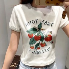 딸기프린팅 흰반팔티셔츠 반팔티셔츠 라운드티셔츠 흰티셔츠