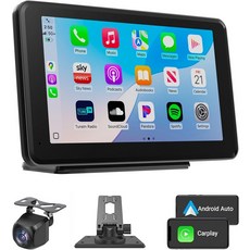 무선 카플레이 및 안드로이드 오토 카 스테레오 - 블루투스 5.2 GPS 내비게이션 미러 링크 1080P 백업 카메라 AUX FM 송신기가 포함된 7 HD 휴대용 터치스크린 차량용