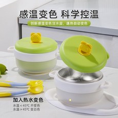 嬰兒輔食碗寶寶專用幼兒童吃飯恆溫注水保溫碗外出工具全套餐具, 普茜粉【304不鏽鋼內膽-/感溫款】,寶寶注水碗+固定吸盤, 1個