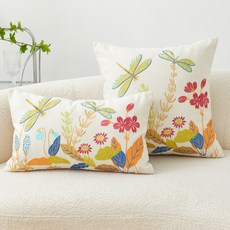 批發自然蜻蜓花朵刺繡抱枕套田園風單面沙發靠背靠墊家居不含枕芯, 西瓜紅