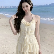 仙女泳衣女連體小白裙度假溫泉荷葉邊百搭泳裝, M適合80-100斤