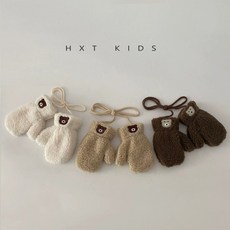 羊羔毛兒童冬季手套 加厚超萌小熊刺繡包指保暖手套