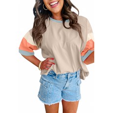 Yellwel 여성용 여름용 루즈핏 레저 배색 라운드넥 반팔 티셔츠 DJP