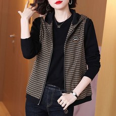 중년여성 체크 얇은 후드조끼 루즈핏 집업 민소매 점퍼 빅사이즈 50대 카디건 엄마옷
