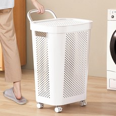 리빙셀렉트 바퀴달린 뚜껑형 손잡이 빨래 바구니, 화이트