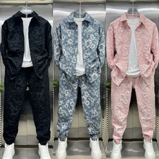 FINE ART 남성 꽃무늬 자켓 밴딩 바지 상하세트 캐주얼 트레이닝복세트 빅사이즈 투피스 셔츠 + 조거팬츠