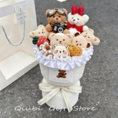 YAPOGI 곰돌이 졸업식 선물 인형 꽃다발+ 쇼핑백 세트, C