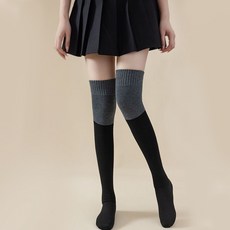 바이제이알 도톰한 투톤 배색 오버 니삭스 스타킹 교복 골프 무릎 반양말, 1.투톤블랙, 1개