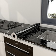 YOPENCE 접착식 주방 시트지 방수 기름 방지 내고온 대리석 무늬60*800CM, 고급 블랙