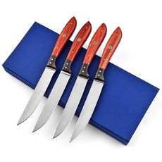 GladiatorsGuild G35 스테이크 나이프 4개 & 1개 세트 울트라 샤프 12.7cm(5인치) J2 스테인리스 스틸 세트 수제 주방 레드 나무 손잡이 (4), 4
