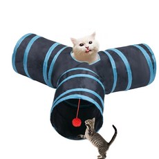 고양이 강아지 토끼 페럿 공 달린 접이식 터널 실내 놀이 장난감, 3 Way Black Blue