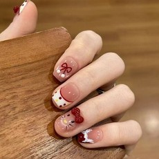 리본 큐티 고양이 도트 포인트 레드 계열 버건디 네일팁 부착 도구 포함, XS, 1개