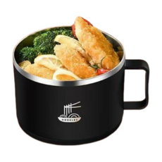 Justsong 雙層防燙不鏽鋼泡麵碗 附瀝水蓋, 黑色/1000ml, 1個