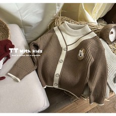童趣小姐童裝 現貨童裝針織外套 咖啡拼接小熊刺繡 中性百搭針織衫 小童/中童 秋冬兒童外套