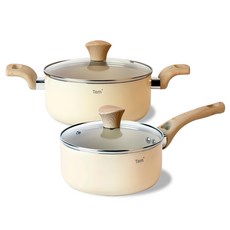 템쿡 IH 인덕션 세라믹 코팅 냄비 2종 세트, 1개, 18cm 편수냄비, 20cm 양수냄비, 크림