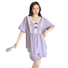 M~5XL 빅사이즈 여성파자마세트반팔 프리미엄 수딩 오버핏 캔디믹스 반팔세트 레이스 잠옷 상하의 세트