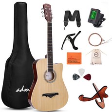 ADM 포크 기타 38인치 글로시 컷어웨이 스타터 세트 입문자용, 자연색, 1개