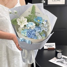手工編織花束 針織鉤織毛線花 生日禮物, 1個, 玫瑰花園扇形/淡藍之夢
