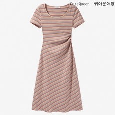 CuteQueen 귀여운여왕 레인보우 여성 스트라이프 셔링 원피스